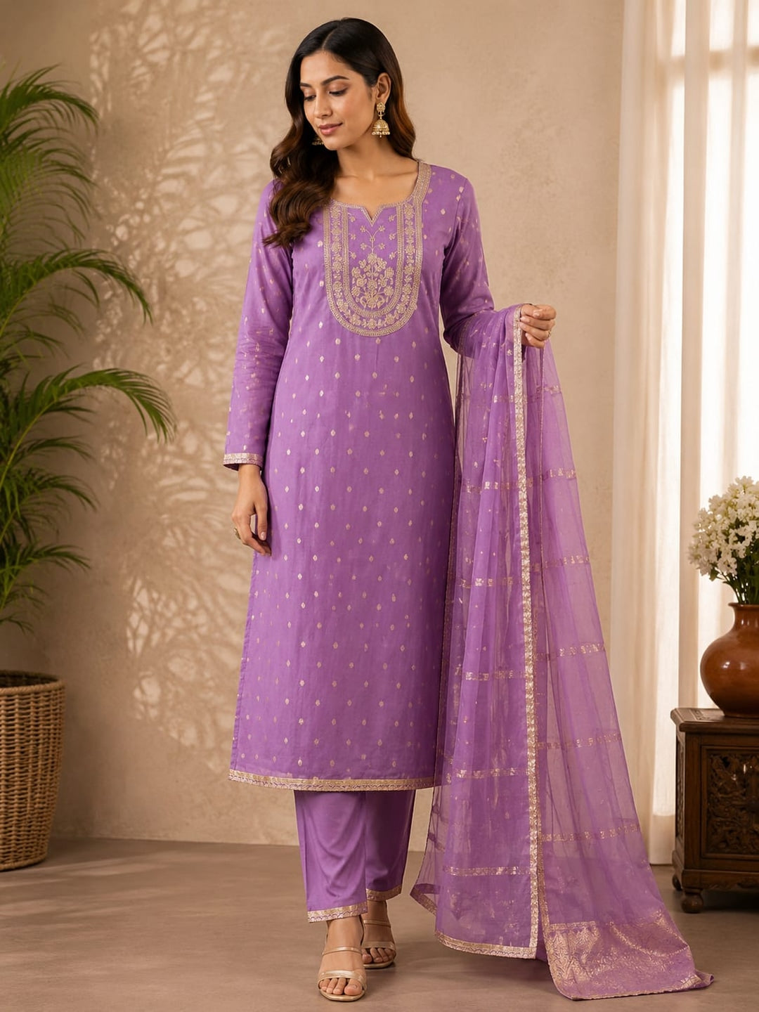 Peachmode Purple Shimmer Silk Dress Material with Embroidered Dupatta - Image 1