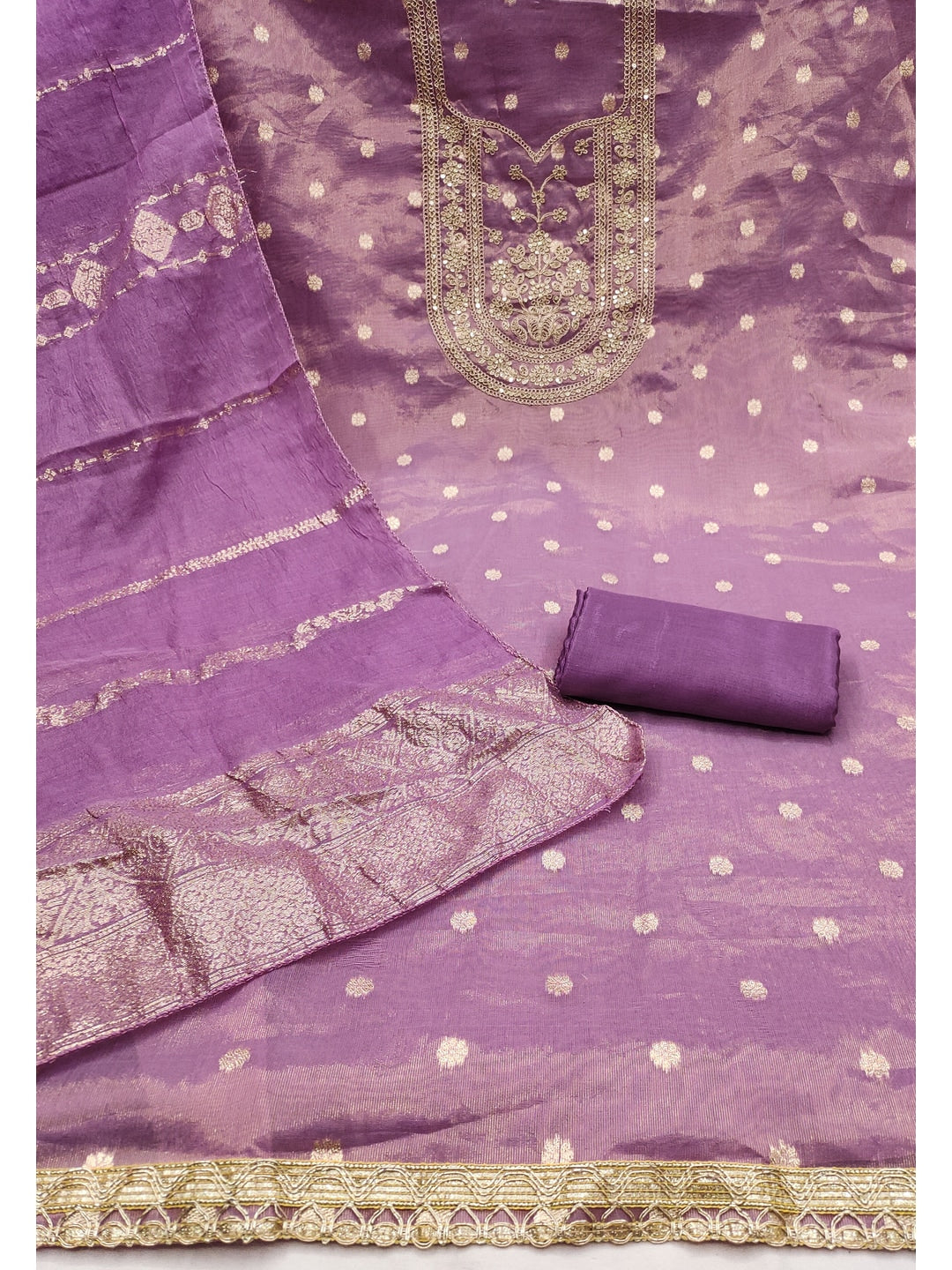 Peachmode Purple Shimmer Silk Dress Material with Embroidered Dupatta - Image 3
