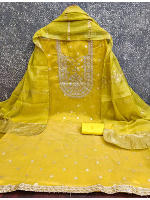 Peachmode Yellow Shimmer Silk Dress Material with Embroidered Dupatta - Image 2