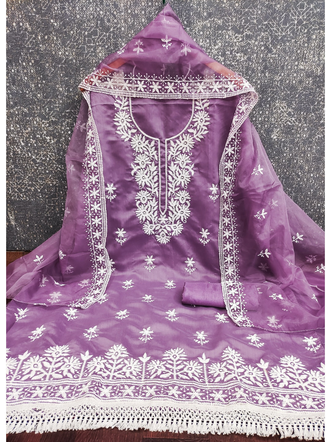 Peachmode Purple Roman Silk Dress Material with Embroidered Dupatta - Image 2