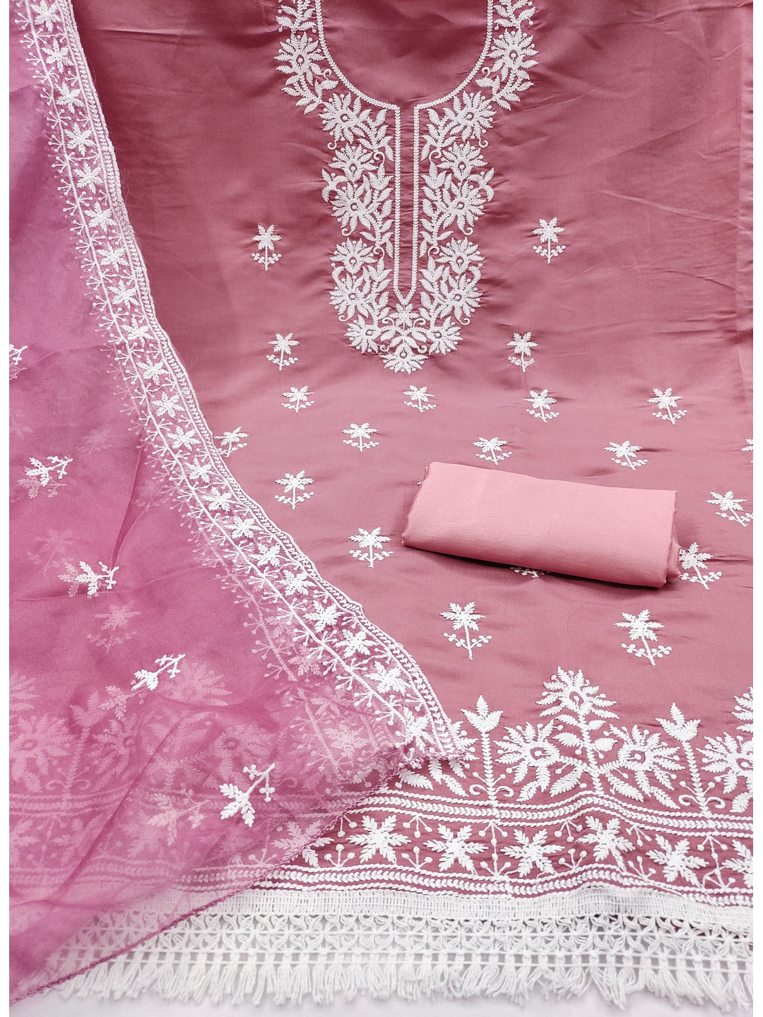 Peachmode Mauve Roman Silk Dress Material with Embroidered Dupatta - Image 3