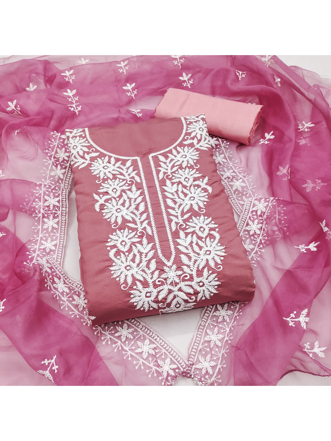 Peachmode Mauve Roman Silk Dress Material with Embroidered Dupatta - Image 1