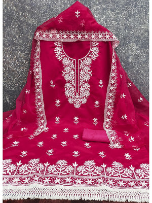 Peachmode Rani Pink Roman Silk Dress Material with Embroidered Dupatta - Image 2