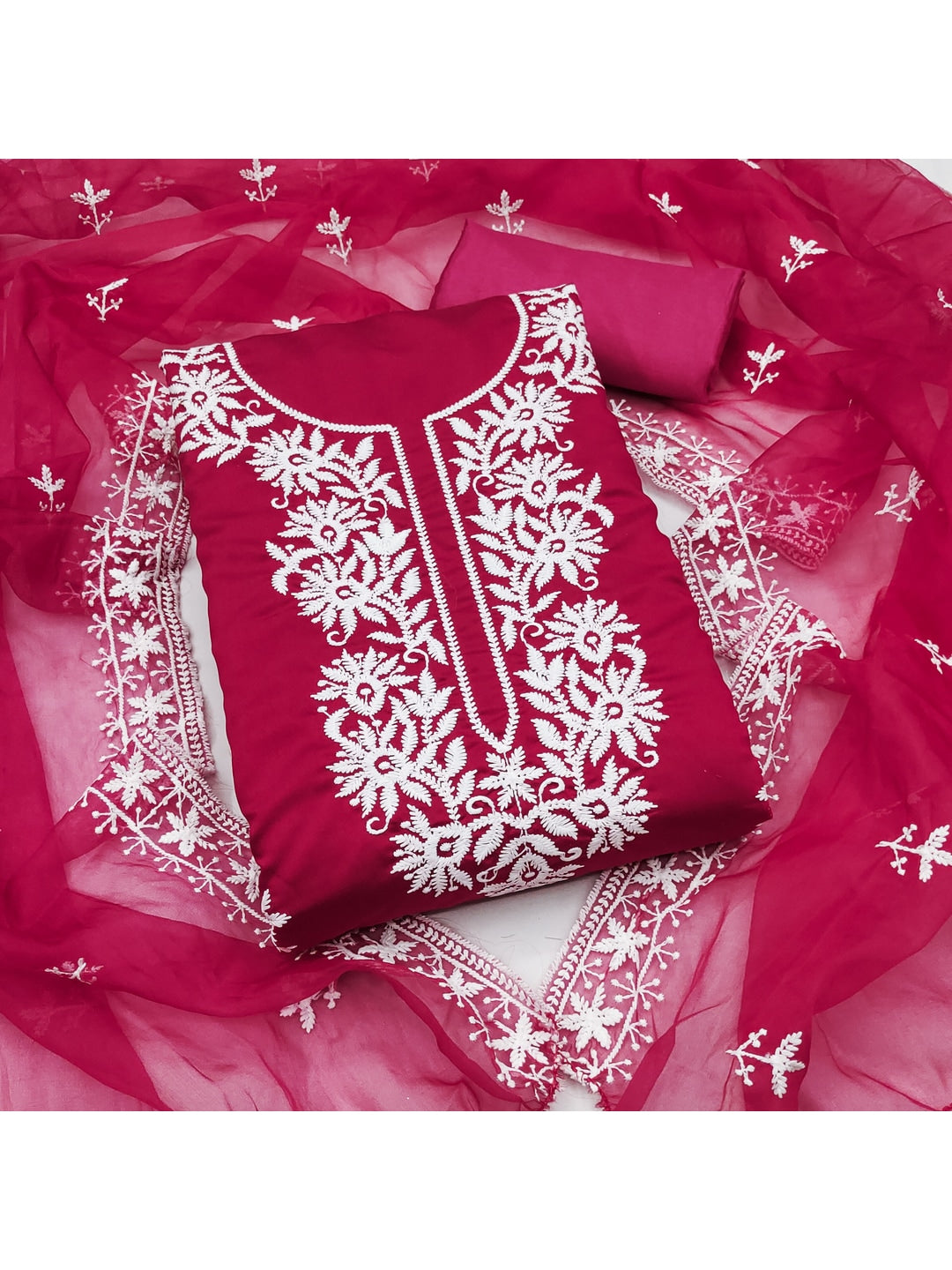 Peachmode Rani Pink Roman Silk Dress Material with Embroidered Dupatta - Image 1