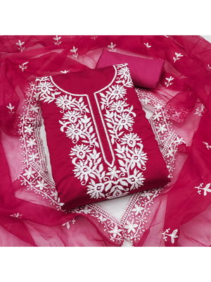 Peachmode Rani Pink Roman Silk Dress Material with Embroidered Dupatta - Image 1