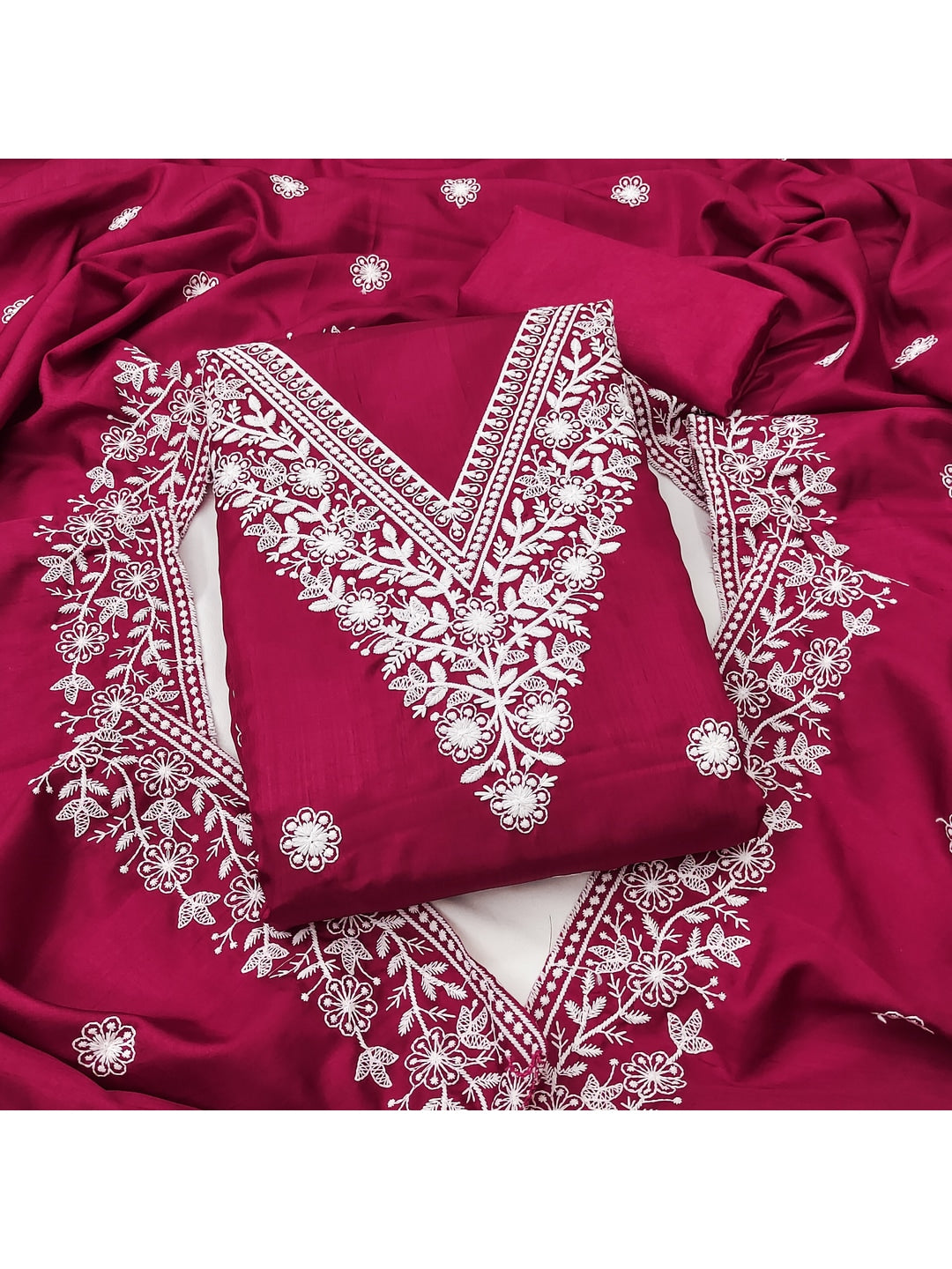 Peachmode Rani Pink Jalpari Cotton Dress Material with Embroidered Dupatta - Image 1