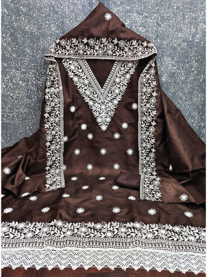 Peachmode Coffee Brown Jalpari Cotton Dress Material with Embroidered Dupatta - Image 2