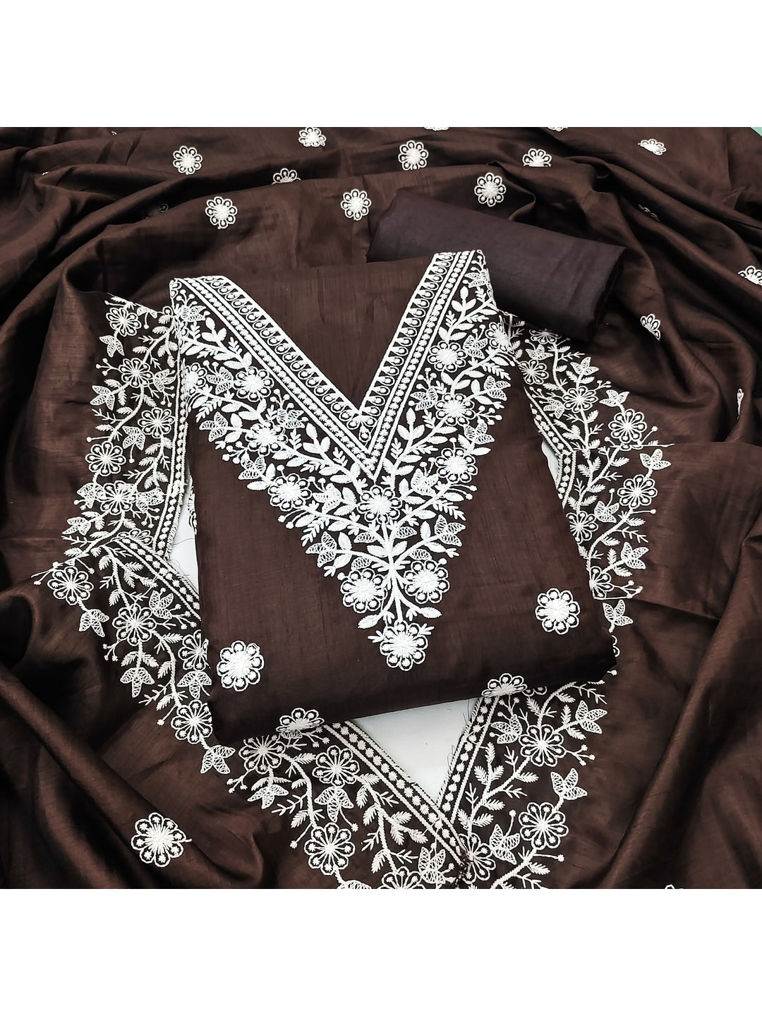 Peachmode Coffee Brown Jalpari Cotton Dress Material with Embroidered Dupatta - Image 1
