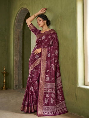 Elegant Wine Crepe Saree with Zari Woven Jacquard Border - Image 1
