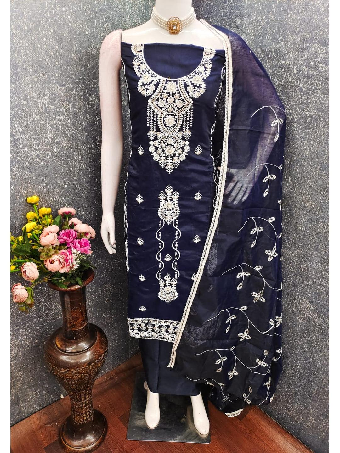 Peachmode Navy Blue Chanderi Silk Dress Material with Embroidered Dupatta - Image 2