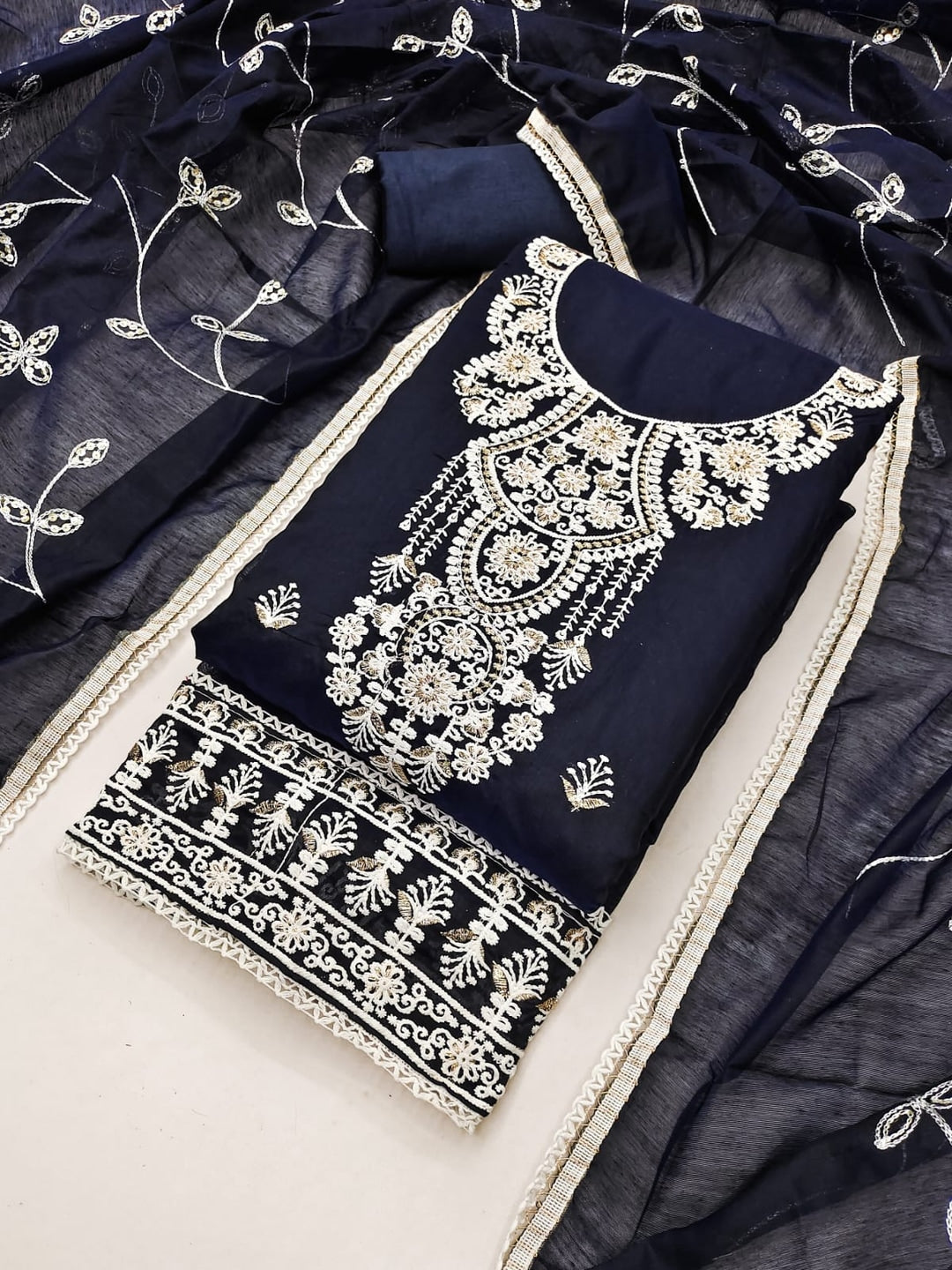 Peachmode Navy Blue Chanderi Silk Dress Material with Embroidered Dupatta - Image 1