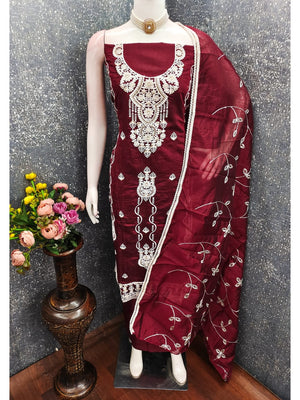 Peachmode Maroon Chanderi Silk Dress Material with Embroidered Dupatta - Image 2