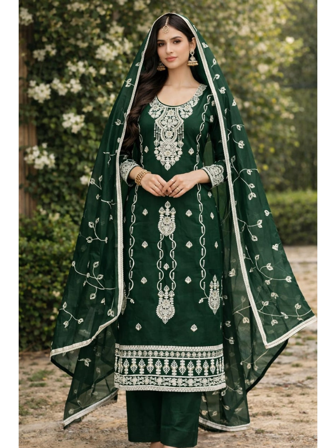 Peachmode Green Chanderi Silk Dress Material with Embroidered Dupatta - Image 1