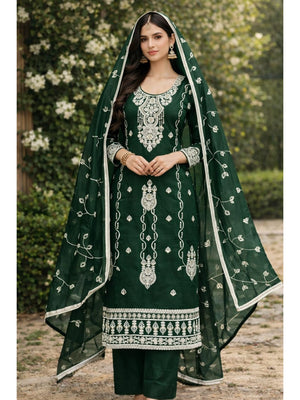 Peachmode Green Chanderi Silk Dress Material with Embroidered Dupatta - Image 1