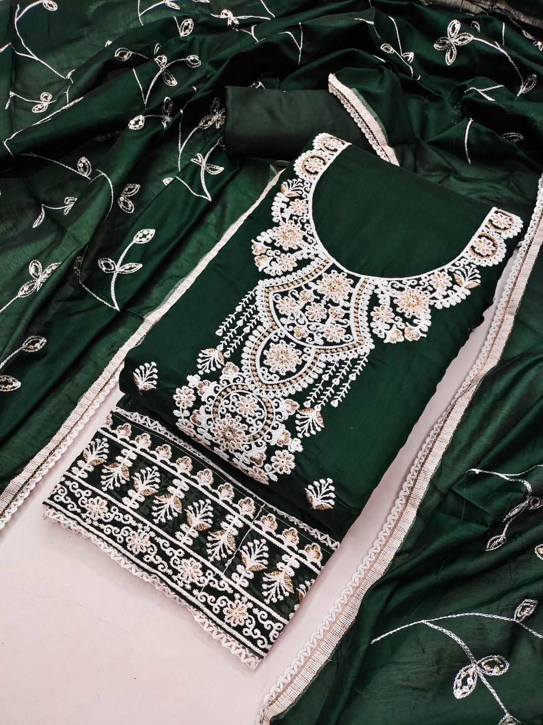 Peachmode Green Chanderi Silk Dress Material with Embroidered Dupatta - Image 1