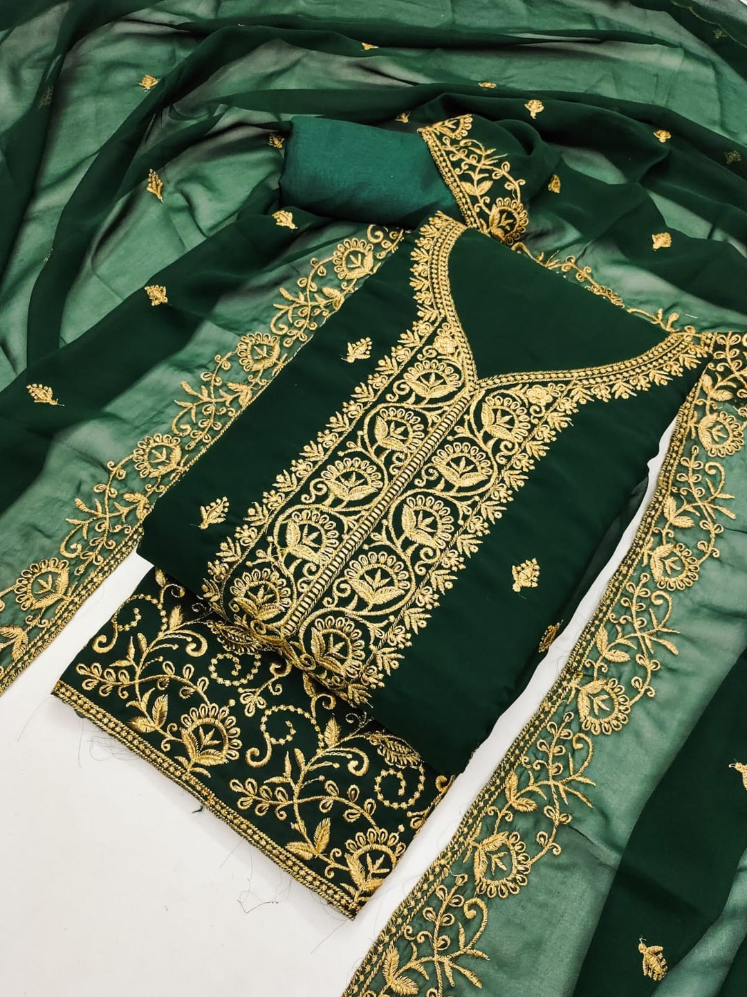 Peachmode Green Georgette Dress Material with Embroidered Dupatta - Image 1