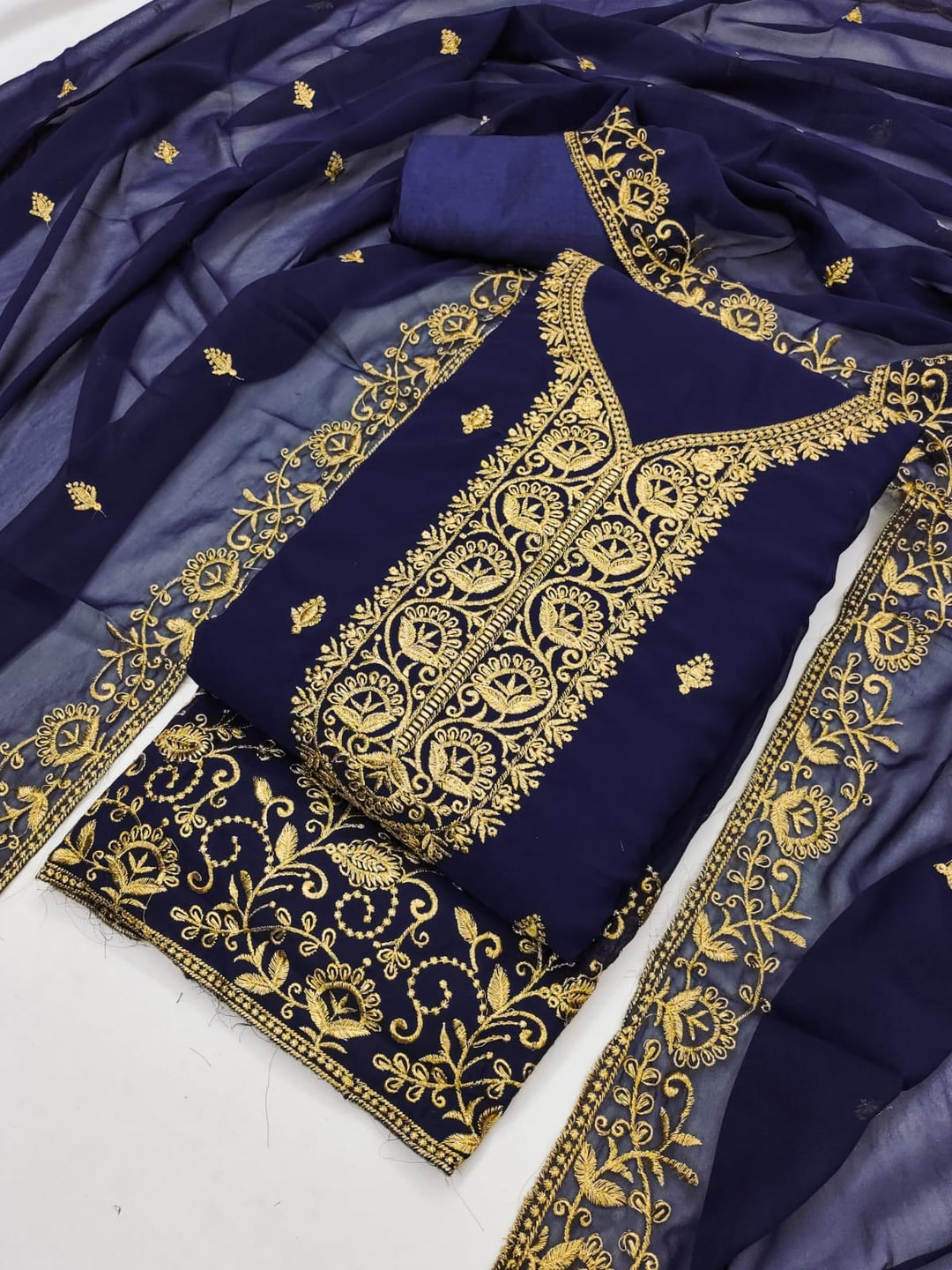 Peachmode Navy Blue Georgette Dress Material with Embroidered Dupatta - Image 1
