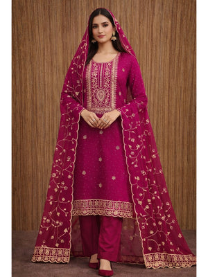 Peachmode Rani Pink Georgette Dress Material with Embroidered Dupatta - Image 1