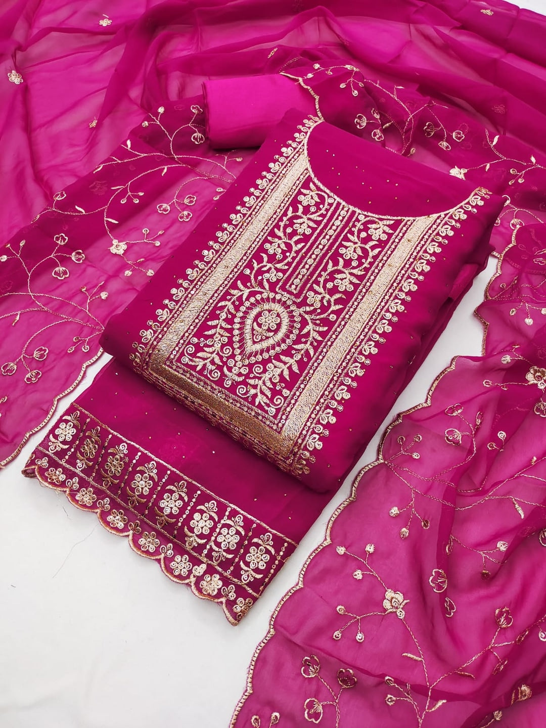 Peachmode Rani Pink Georgette Dress Material with Embroidered Dupatta - Image 1