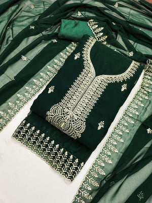 Peachmode Green Georgette Dress Material with Embroidered Dupatta - Image 1