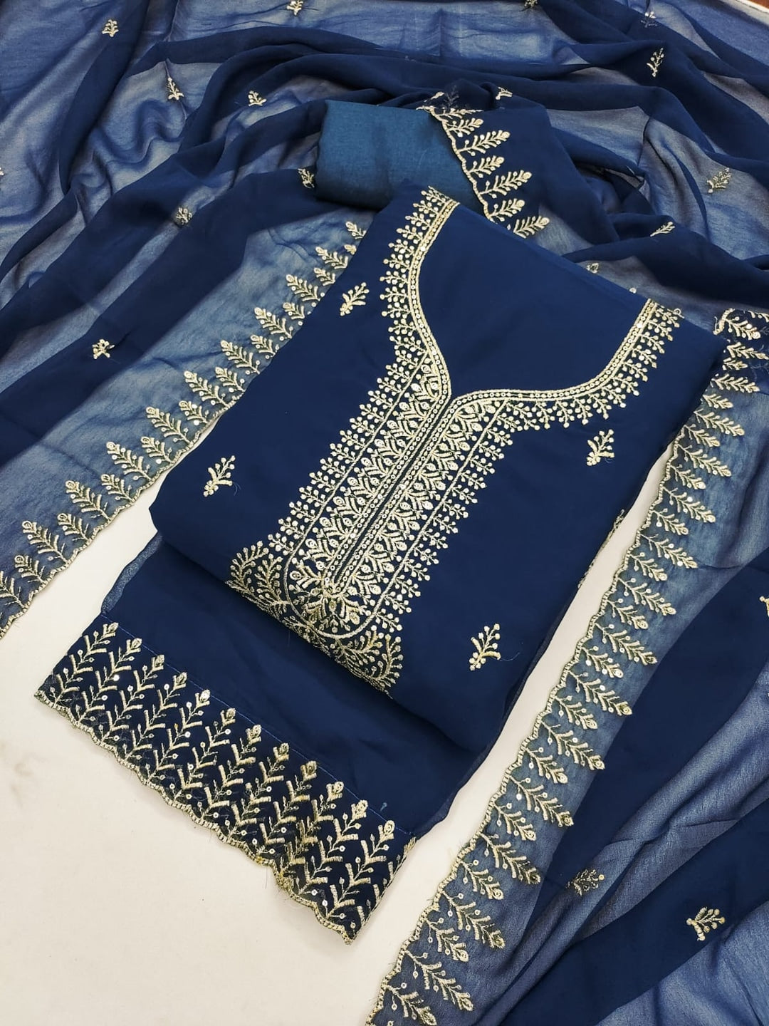 Peachmode Navy Blue Georgette Dress Material with Embroidered Dupatta - Image 1