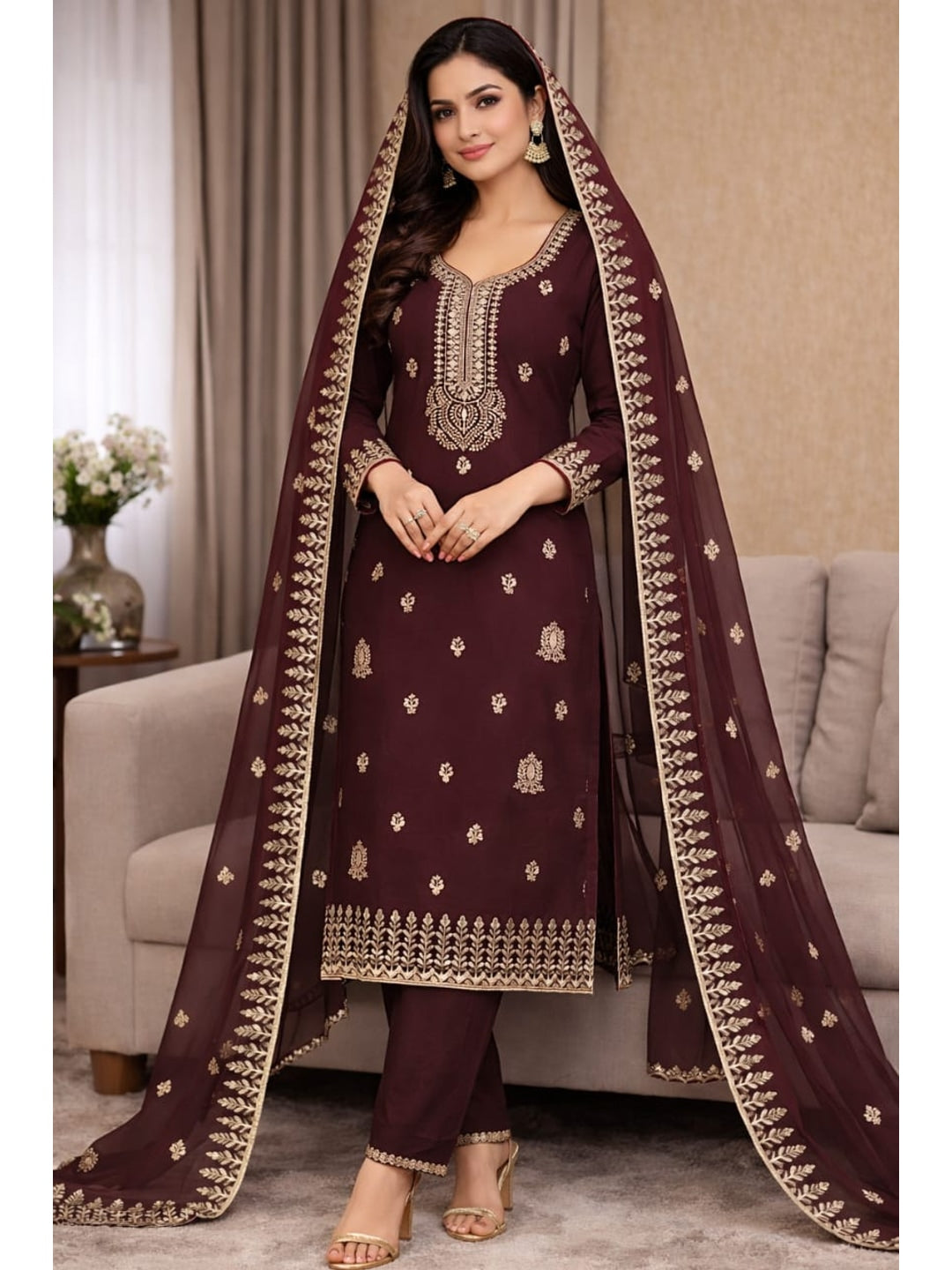 Peachmode Maroon Georgette Dress Material with Embroidered Dupatta - Image 1