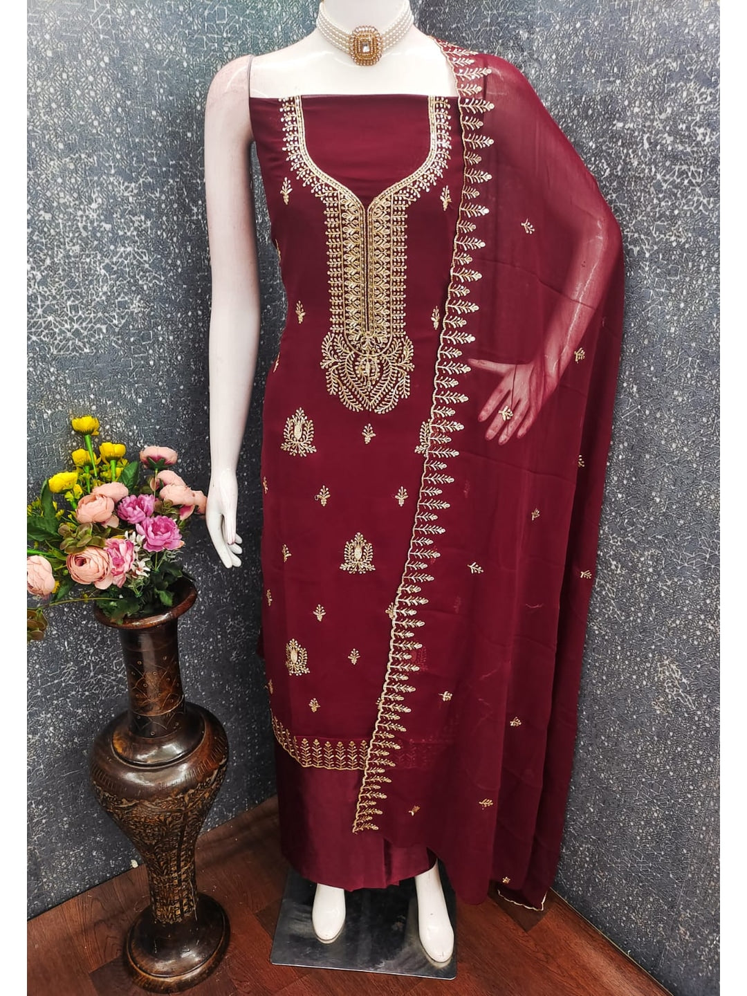 Peachmode Maroon Georgette Dress Material with Embroidered Dupatta - Image 4