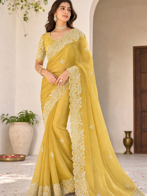 Peachmode Yellow Fandy Satin Saree with Dori Embroidered Cutwork Border - Image 1