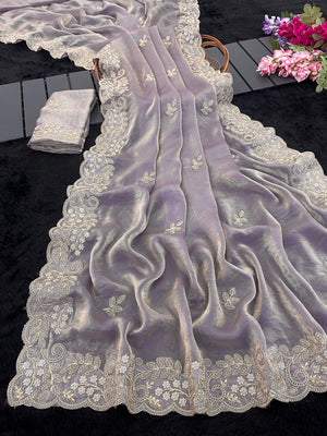 Peachmode Lavender Fandy Satin Saree with Dori Embroidered Cutwork Border - Image 1