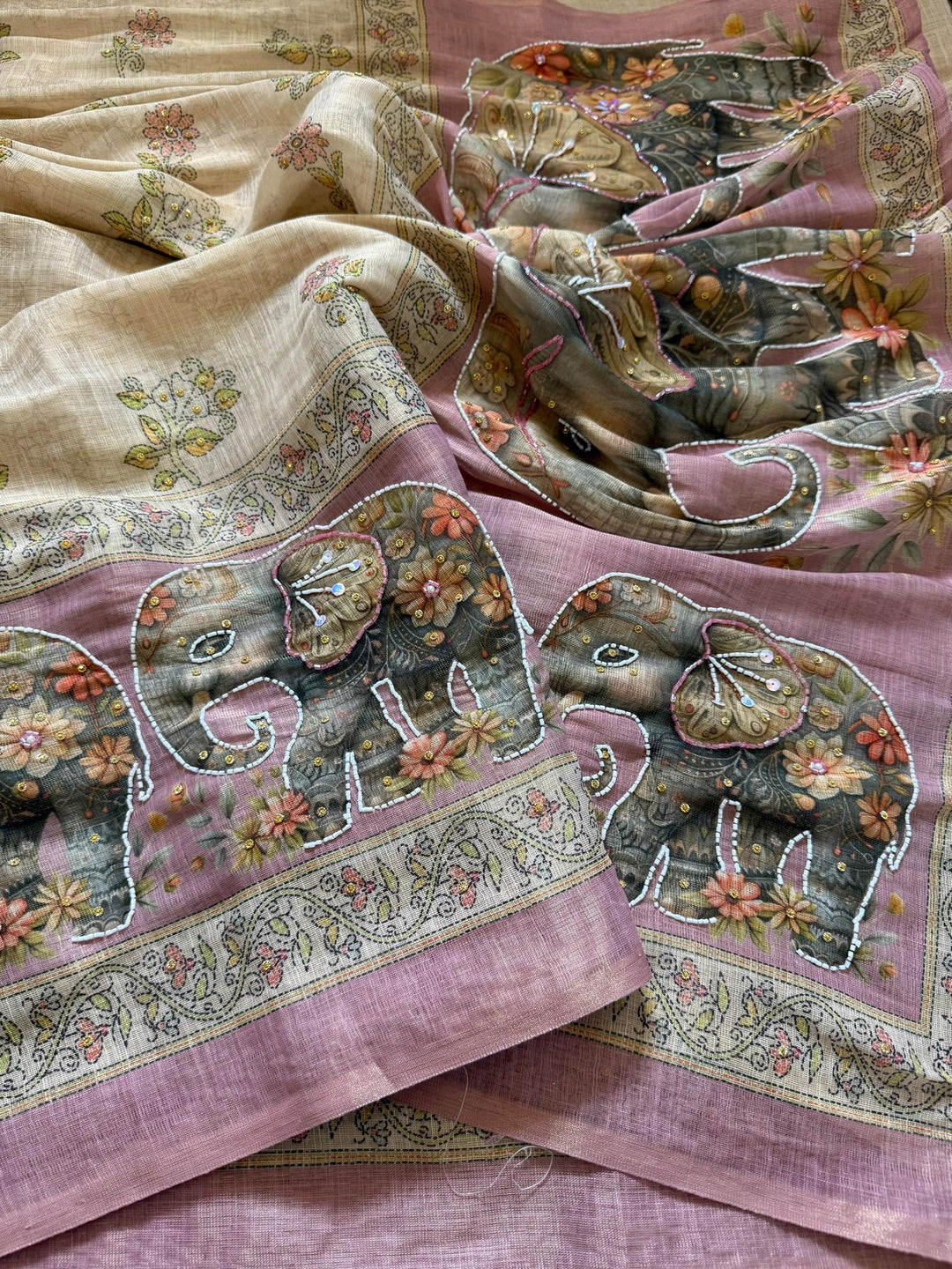 Peachmode Beige Linen Cotton Silk Saree with Digital Print and Khatli Work - Image 2
