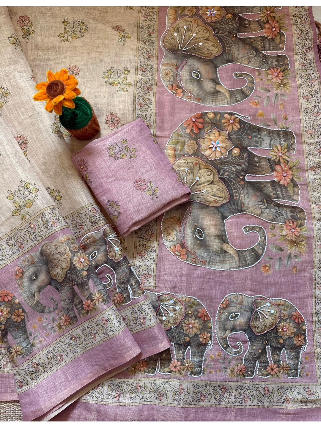 Peachmode Beige Linen Cotton Silk Saree with Digital Print and Khatli Work - Image 3