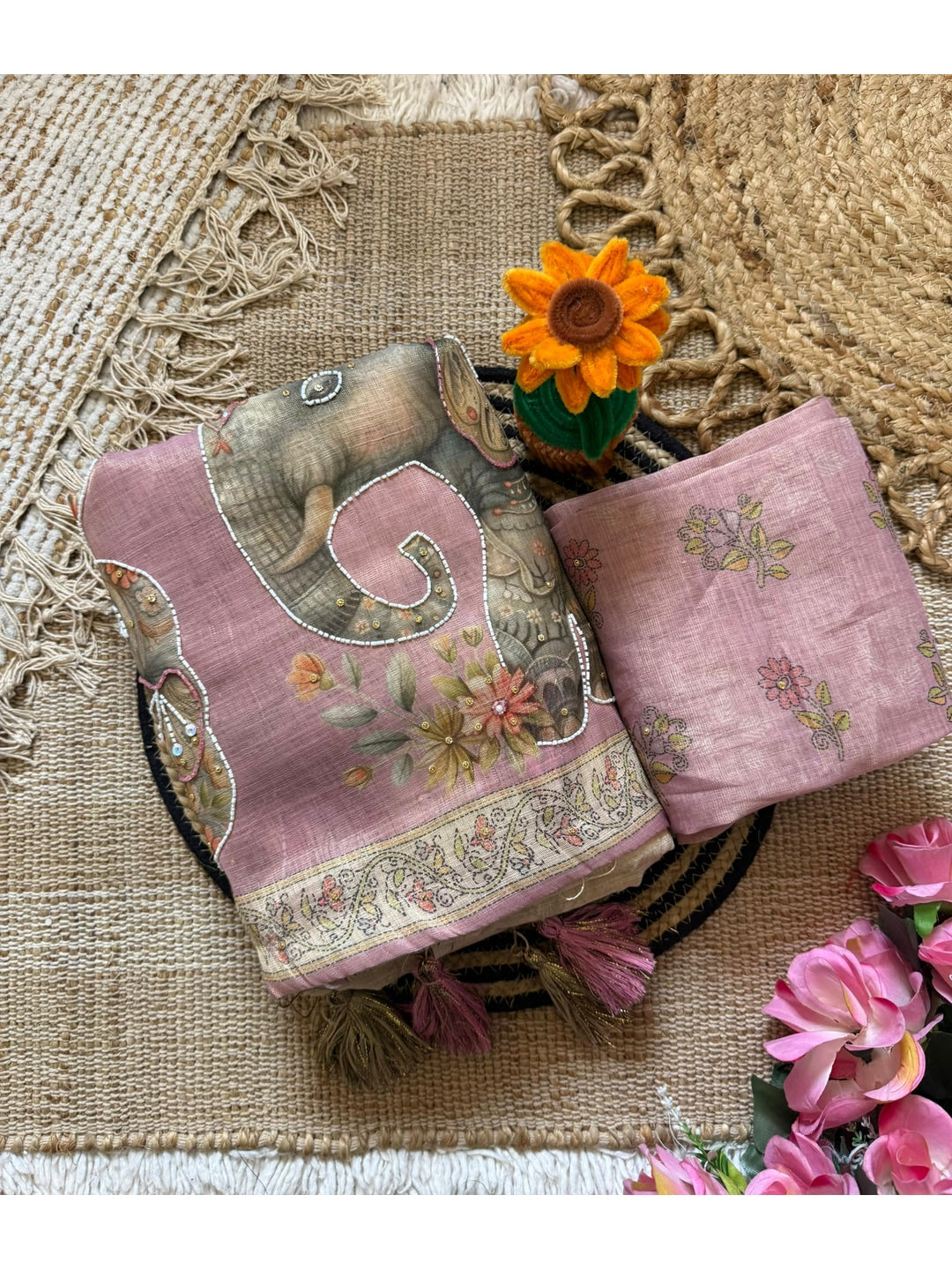 Peachmode Beige Linen Cotton Silk Saree with Digital Print and Khatli Work - Image 4