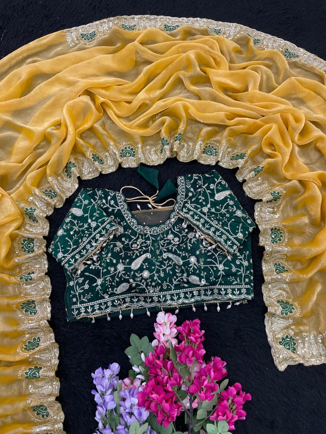 Peachmode Yellow Fandy Satin Silk Saree with Sequins Zari Embroidery - Image 3