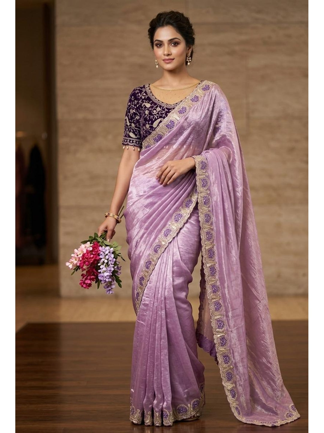 Peachmode Lavender Fandy Satin Silk Saree with Sequins Zari Embroidery - Image 1