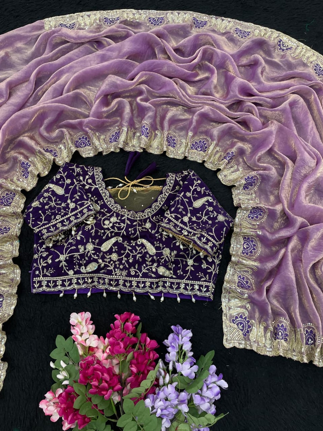 Peachmode Lavender Fandy Satin Silk Saree with Sequins Zari Embroidery - Image 3