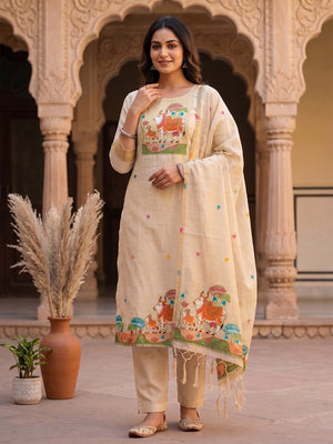 Classic Cream Pichwai Cow & Lotus Motif Zari Weaving Muga Cotton Blend Jamdani Dress Material - Image 1
