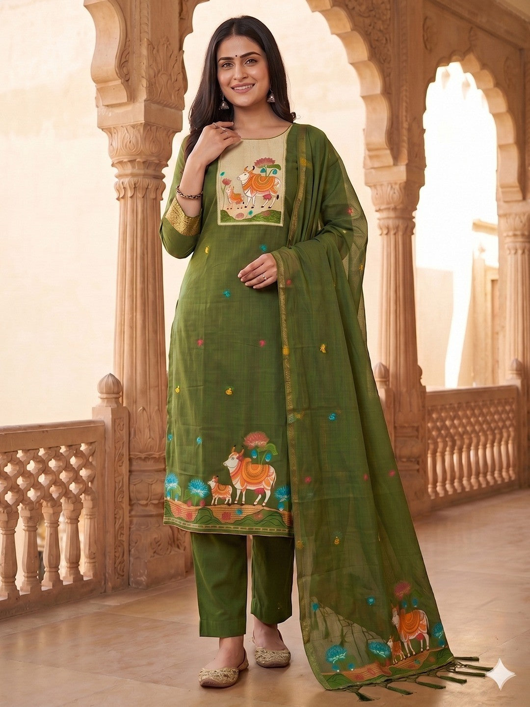 Classic Green Pichwai Cow & Lotus Motif Zari Weaving Muga Cotton Blend Jamdani Dress Material - Image 1