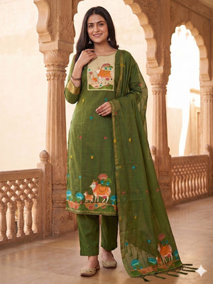 Classic Green Pichwai Cow & Lotus Motif Zari Weaving Muga Cotton Blend Jamdani Dress Material - Image 1