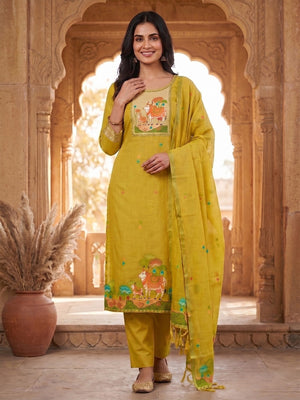 Classic Mustard Pichwai Cow & Lotus Motif Zari Weaving Muga Cotton Blend Jamdani Dress Material - Image 1