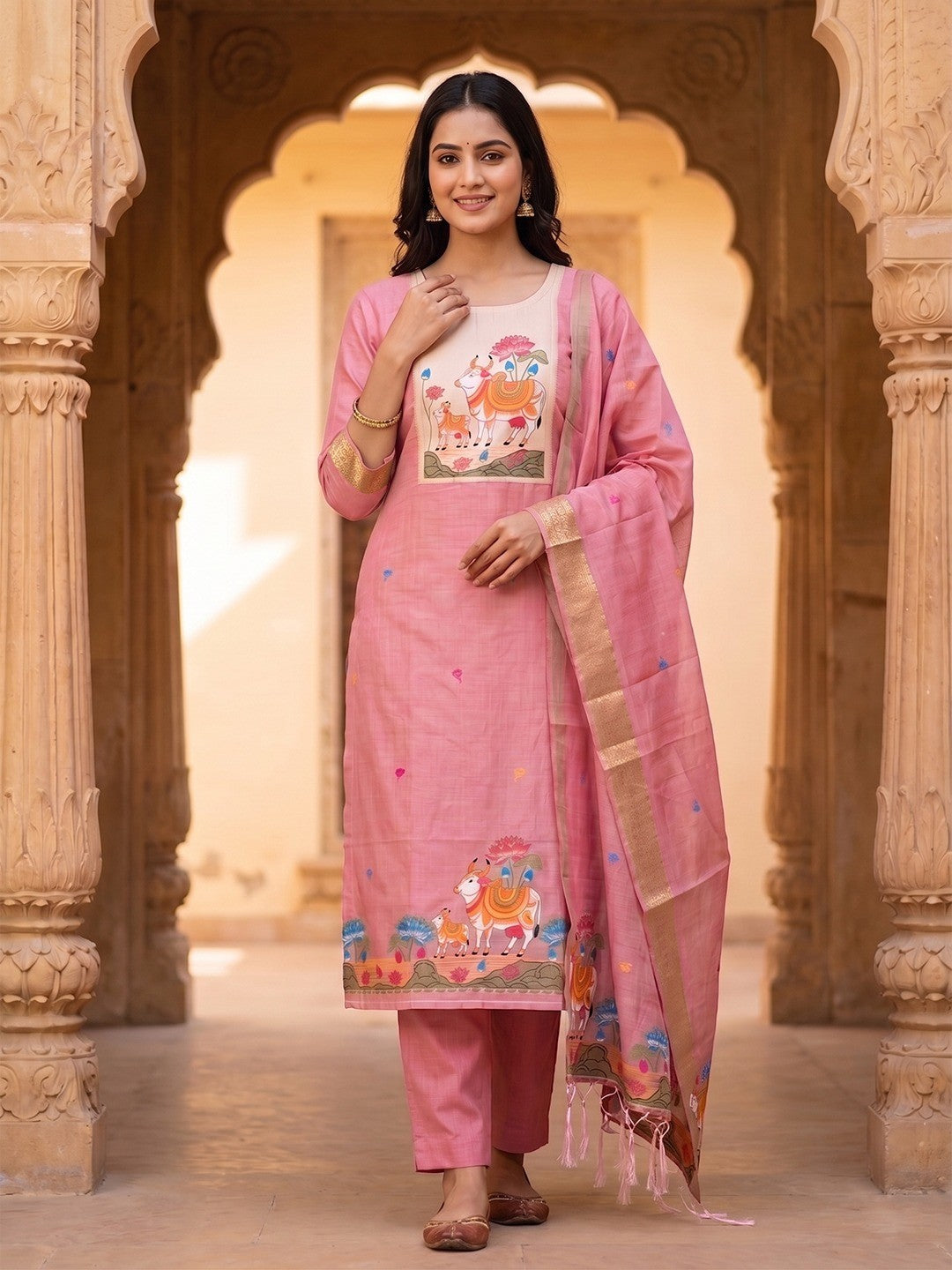 Classic Pink Pichwai Cow & Lotus Motif Zari Weaving Muga Cotton Blend Jamdani Dress Material - Image 1
