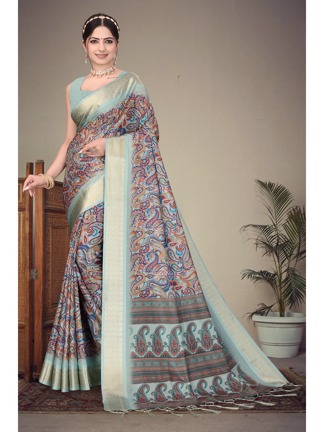 Peachmode Olive Cotton Silk Digital Print Saree with Jacquard Border - Image 5