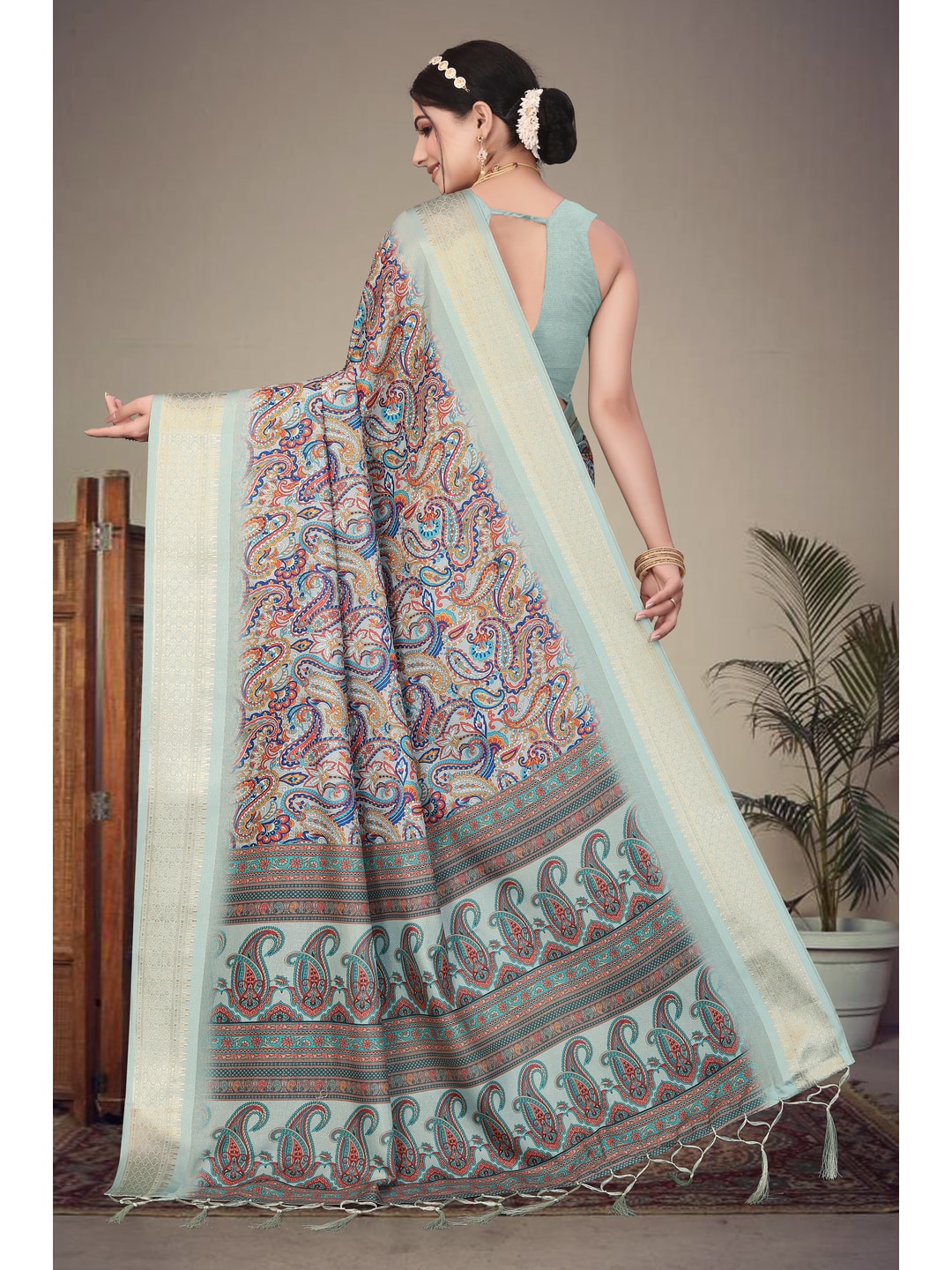 Peachmode Olive Cotton Silk Digital Print Saree with Jacquard Border - Image 8