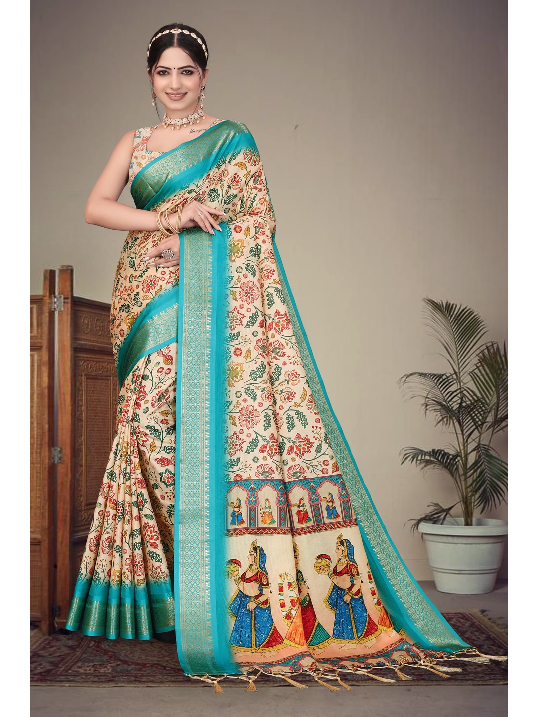 Peachmode Cream Cotton Silk Digital Print Saree with Jacquard Border - Image 5