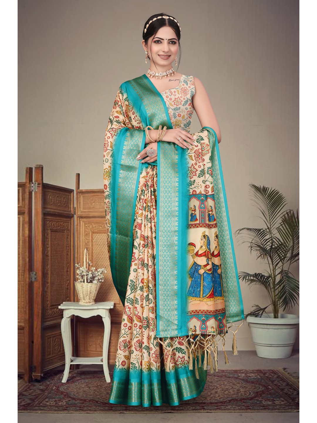 Peachmode Cream Cotton Silk Digital Print Saree with Jacquard Border - Image 8