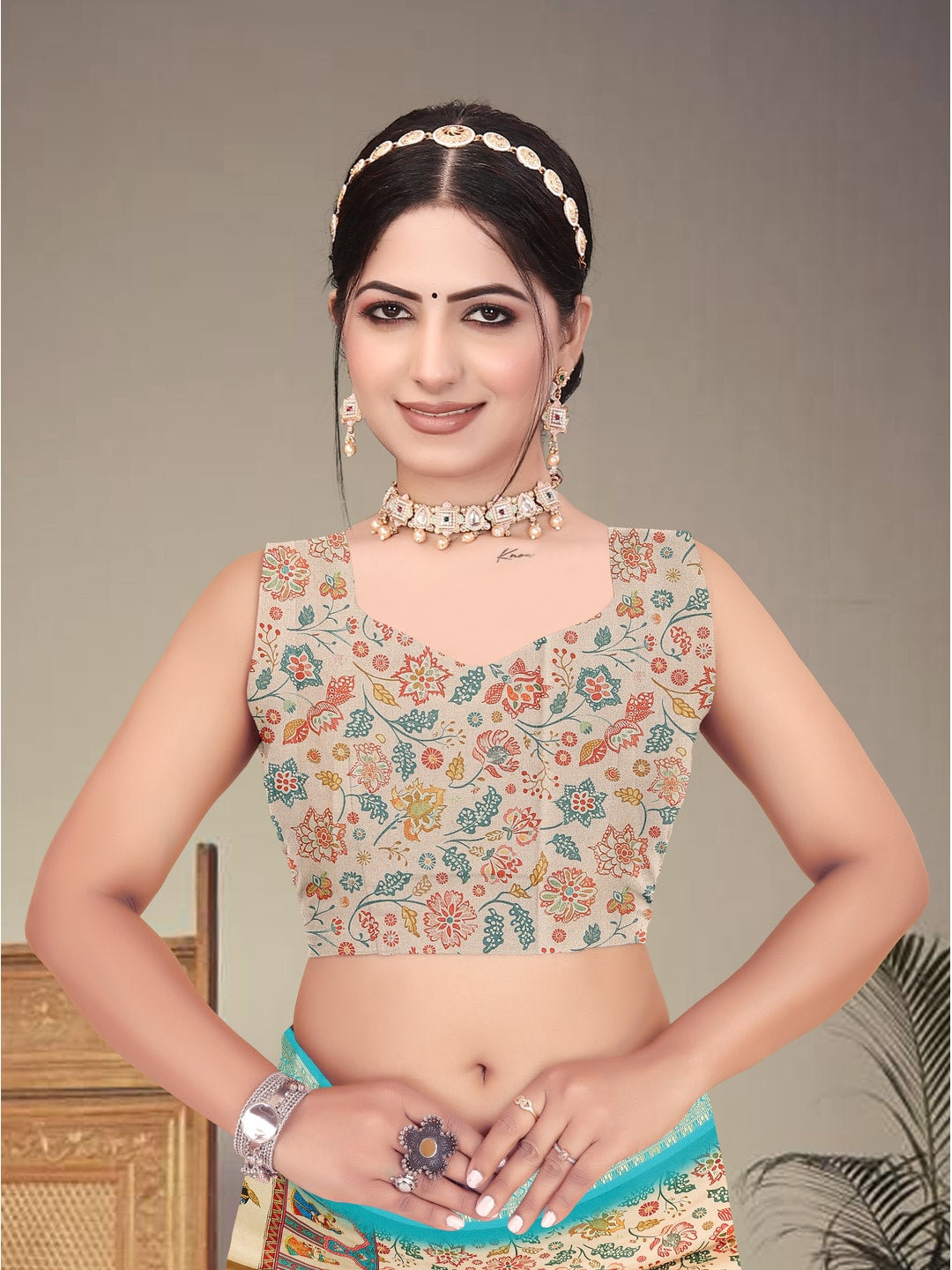 Peachmode Cream Cotton Silk Digital Print Saree with Jacquard Border - Image 9