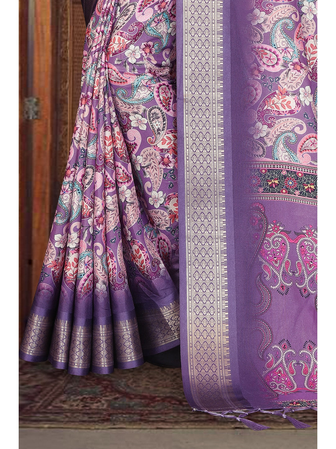 Peachmode Purple Cotton Silk Digital Print Saree with Jacquard Border - Image 11