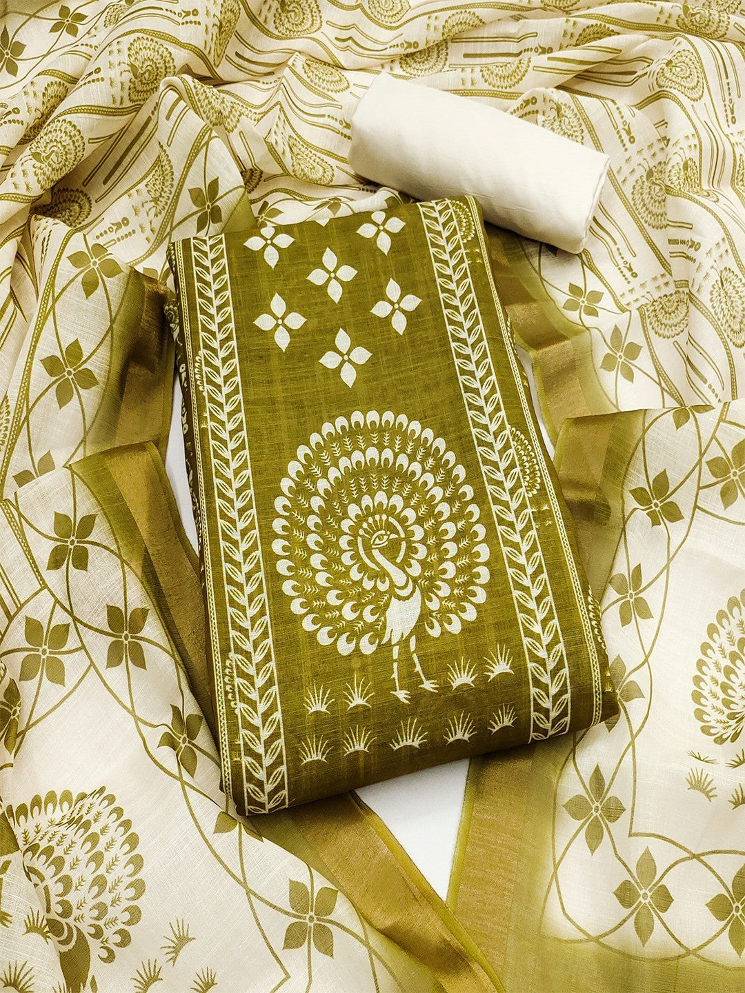 Elegant Green Linen Unstitched Dress Material with Artistic Print - Image 1
