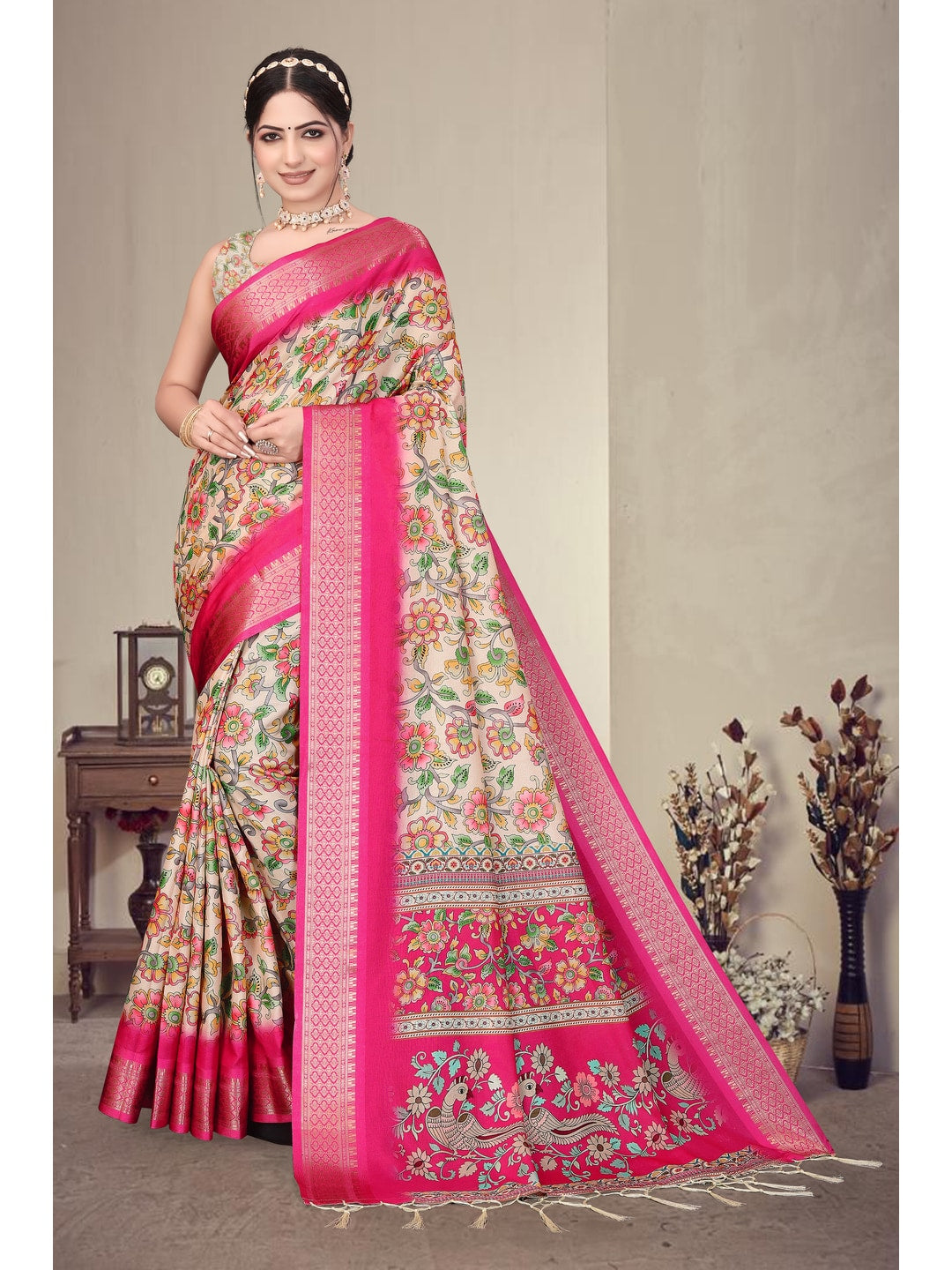 Peachmode Pink Cotton Silk Digital Print Saree with Jacquard Border - Image 5