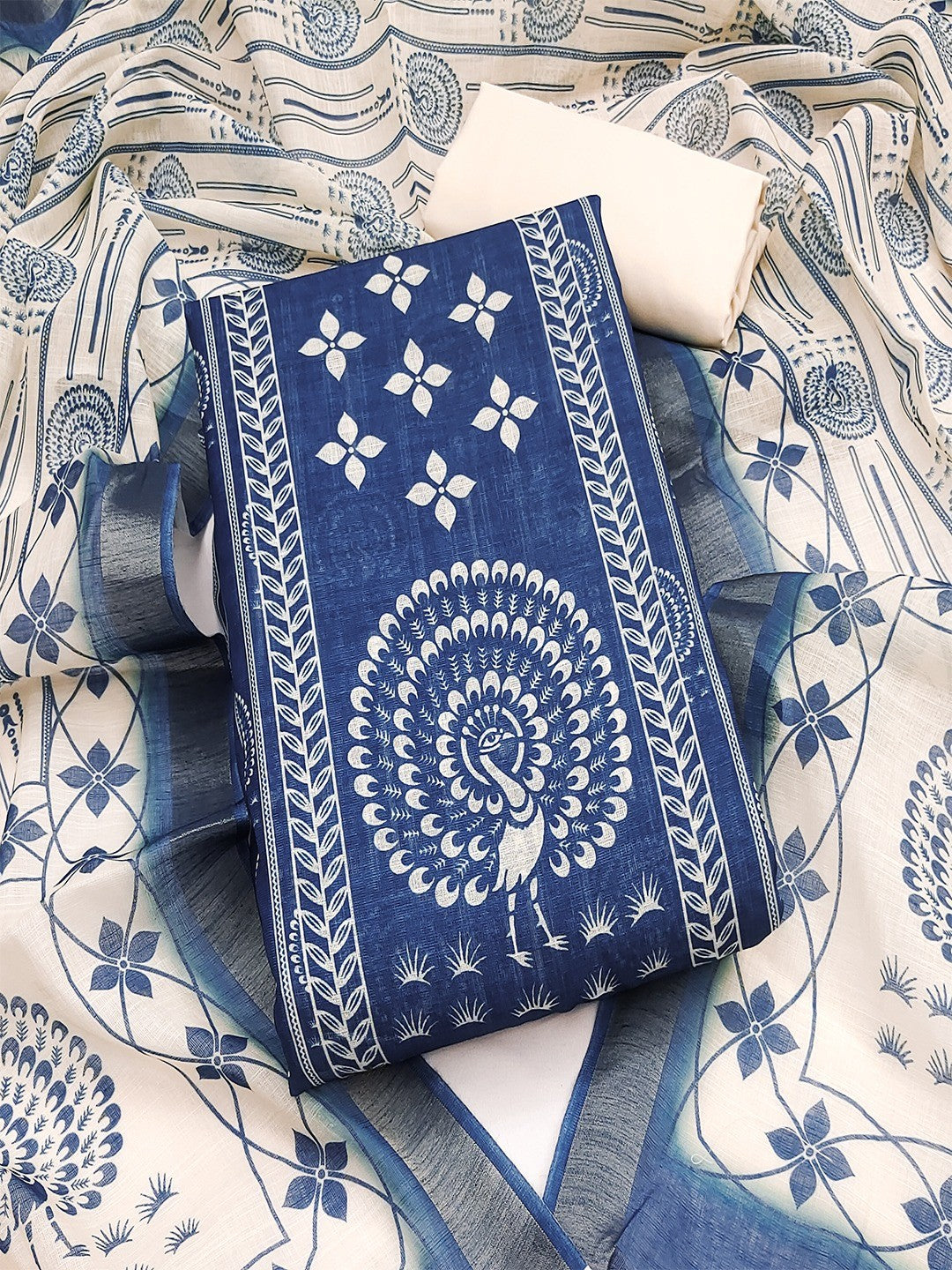 Elegant Blue Linen Unstitched Dress Material with Traditional Print - Image 1