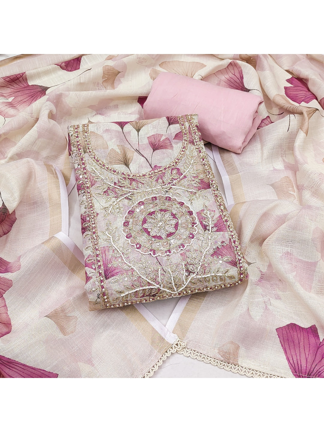 Peachmode Peach Pure Cotton Lilian Dress Material with Embroidered Dupatta - Image 1